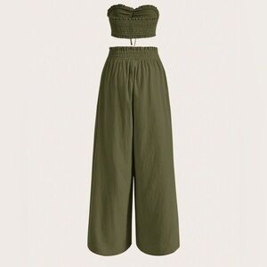 SHEIN EZwear Drawstring Front Tube Top & Wide Leg Pants
Color: Army Green v